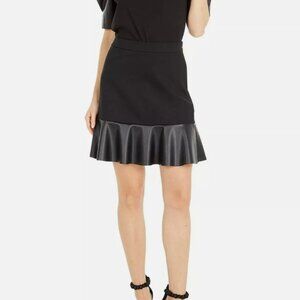 Michael Micahel Kors Black Mini skirt with Faux Leather Ruffle Flounce Hem - L